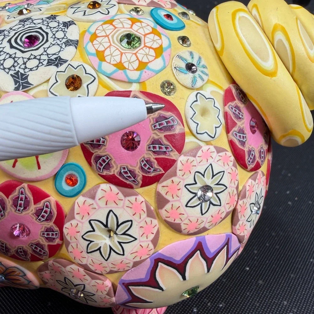 Billie Beads 2003 Handcrafted Piggy Bank Yellow Floral Millefiori Rhinestone 7in